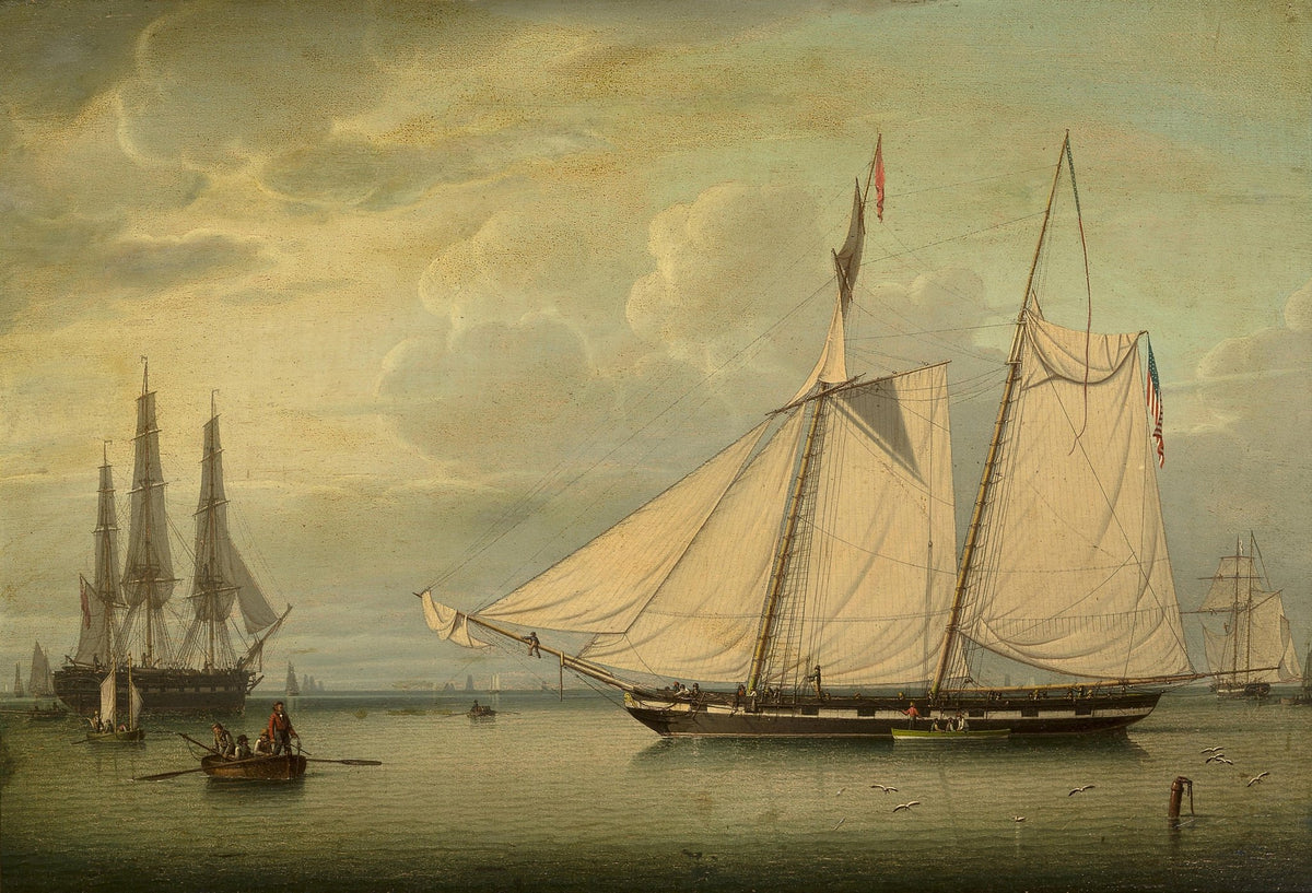 Hand-painted grand schooner on calm harbor waters nautical oil painting on canvas
