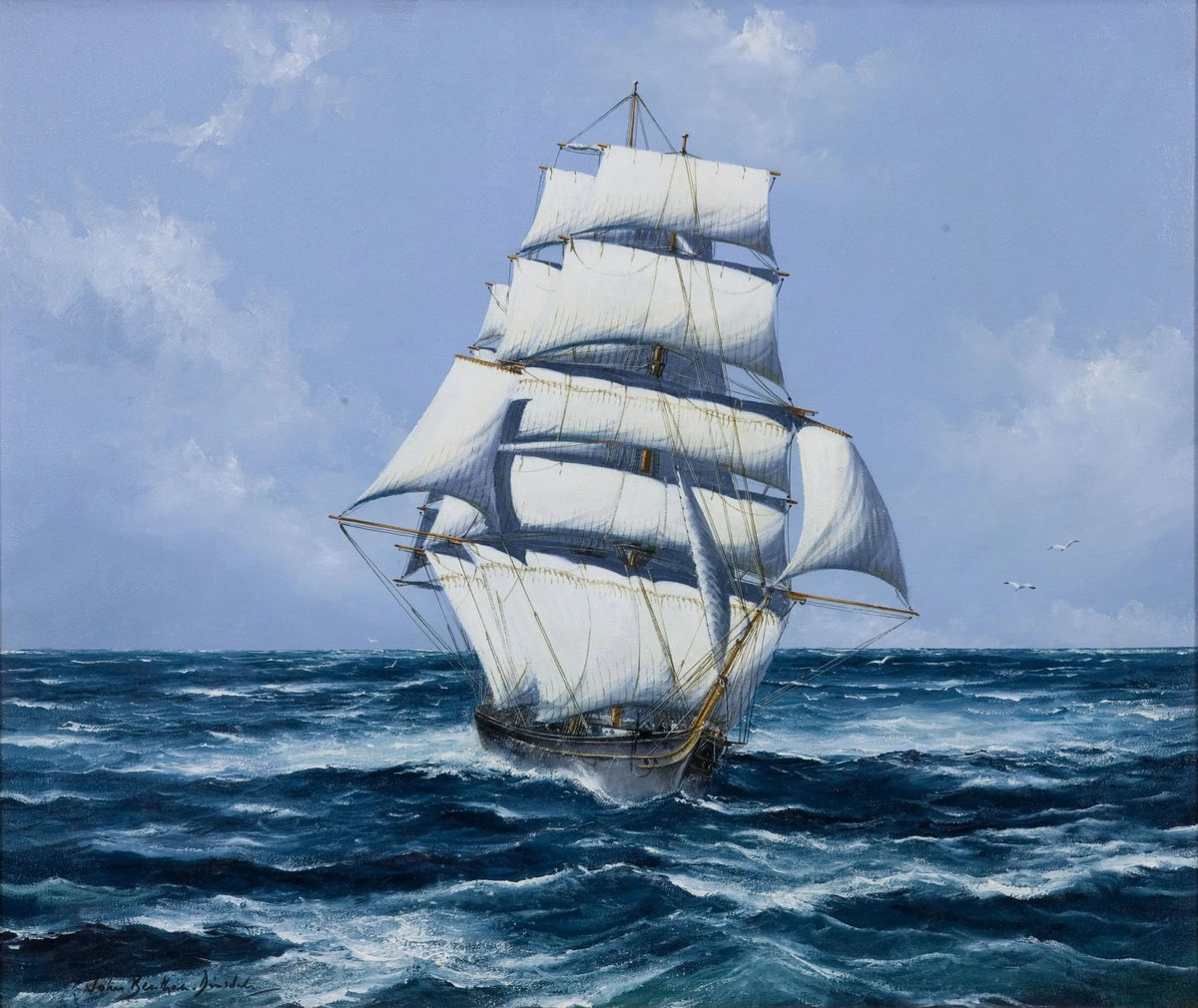 Hand-painted grand tall ship on open sea nautical oil painting on canvas
