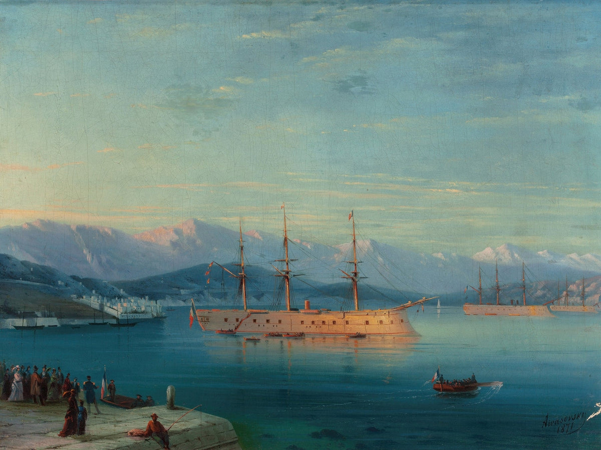 Hand-painted grand warship in calm harbor nautical oil painting on canvas