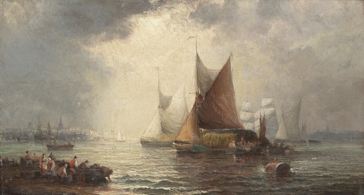 Hand-painted harbor barges in golden evening light nautical oil painting on canvas