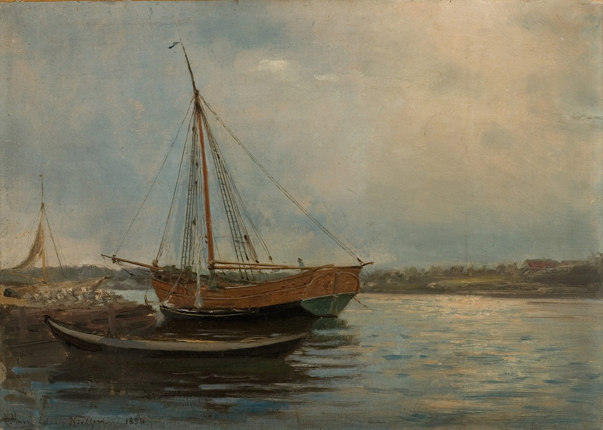 Hand-painted harbor boat at quiet dock nautical oil painting on canvas