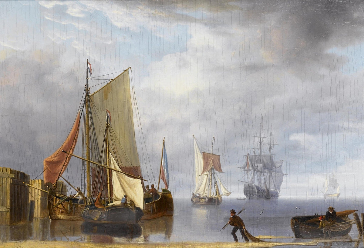 Hand-painted harbor boats in calm morning mist nautical oil painting on canvas