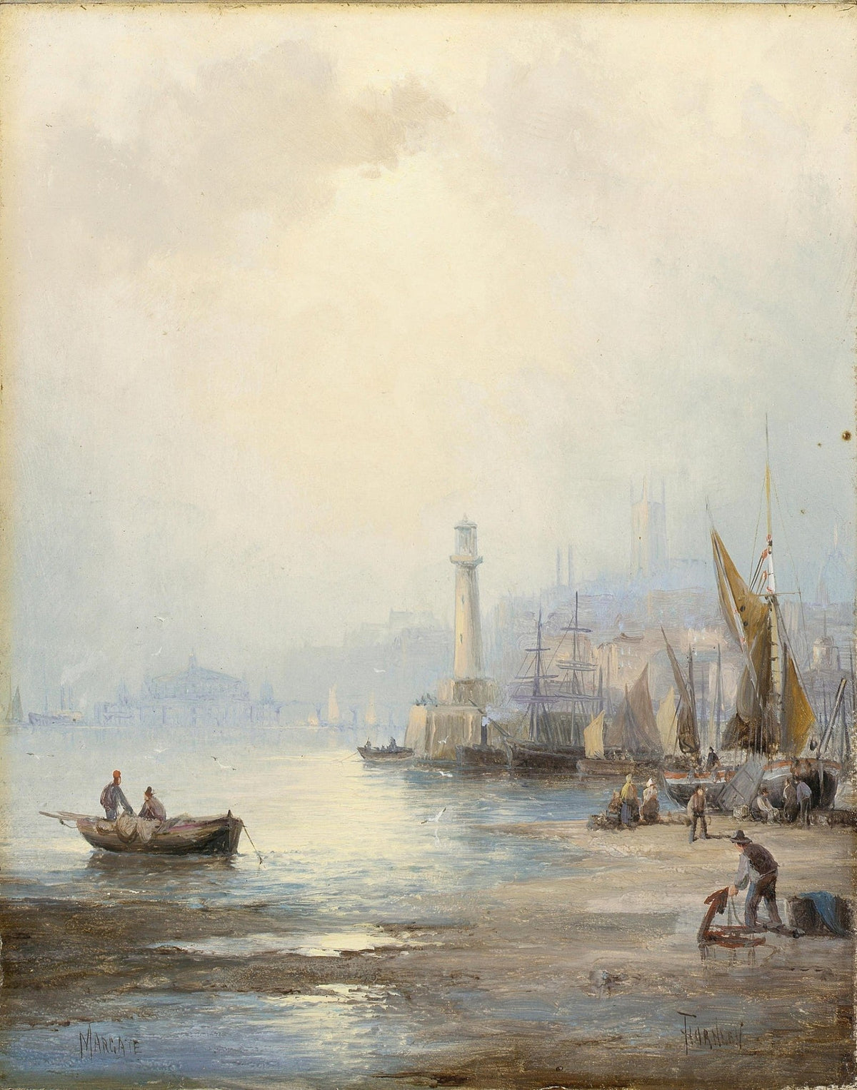 Hand-painted harbor lighthouse and fishing boats nautical oil painting on canvas