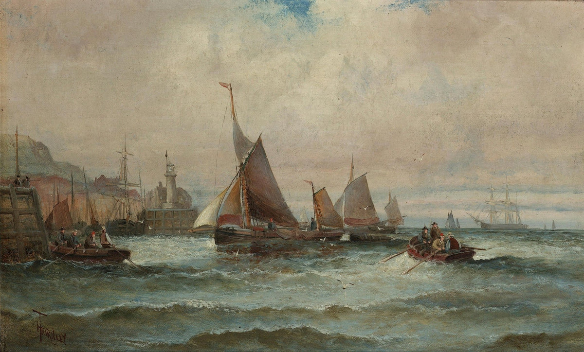 Hand-painted harbor sailboats and rowboats by pier nautical oil painting on canvas