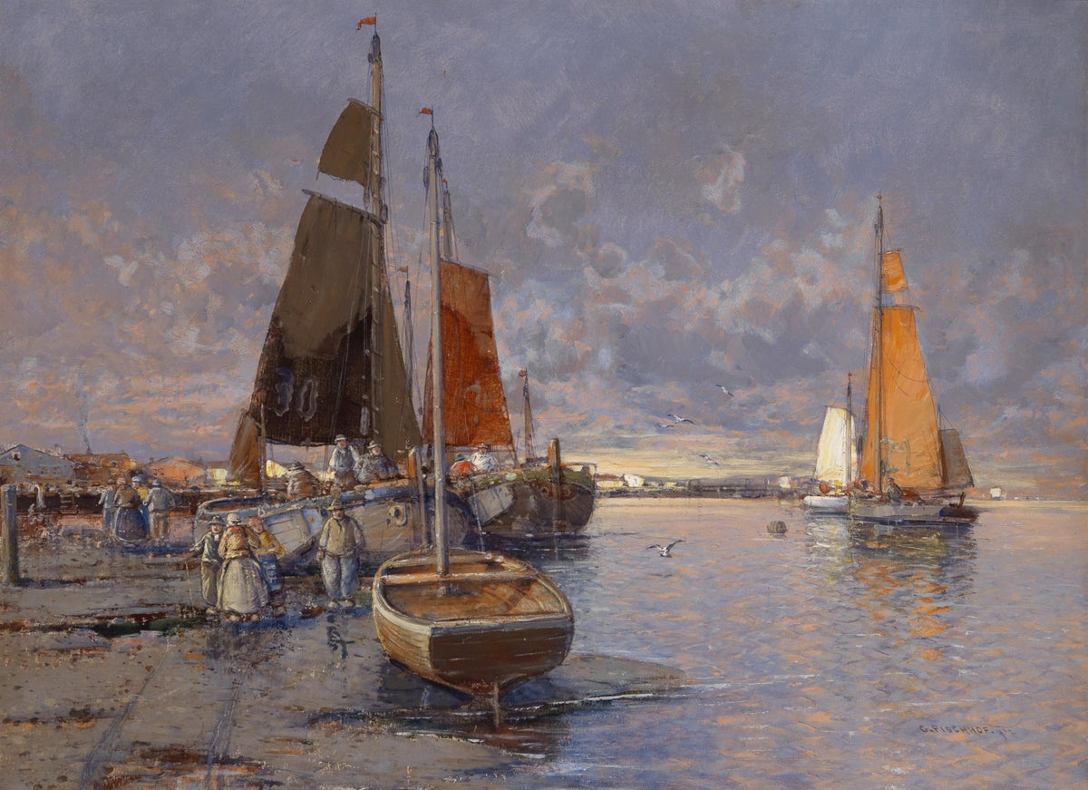 Hand-painted harbor sailboats at sunset nautical oil painting on canvas