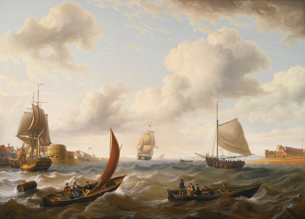 Hand-painted harbor sailboats in rolling waves nautical oil painting on canvas