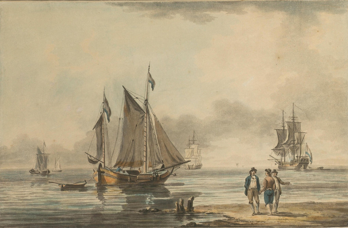 Hand-painted harbor sailboats with figures at shore nautical oil painting on canvas