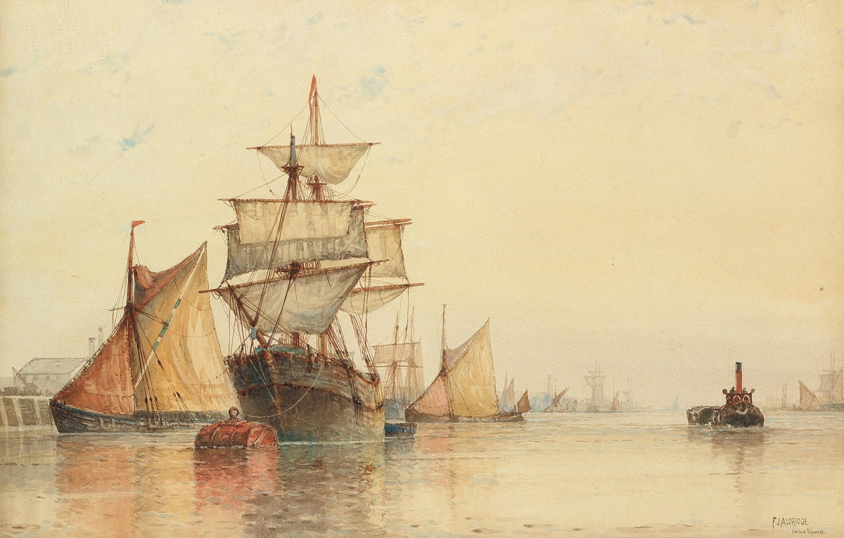 Hand-painted harbor ship and tugboat on calm water nautical oil painting on canvas