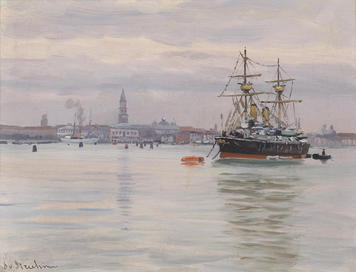 Hand-painted harbor ship at quiet port nautical oil painting on canvas