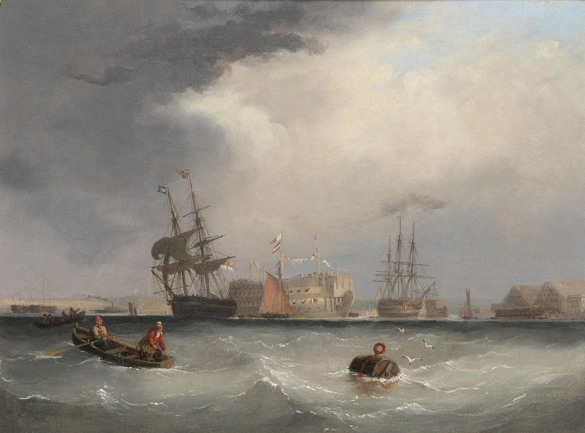 Hand-painted harbor ships and rowboat in stormy light nautical oil painting on canvas