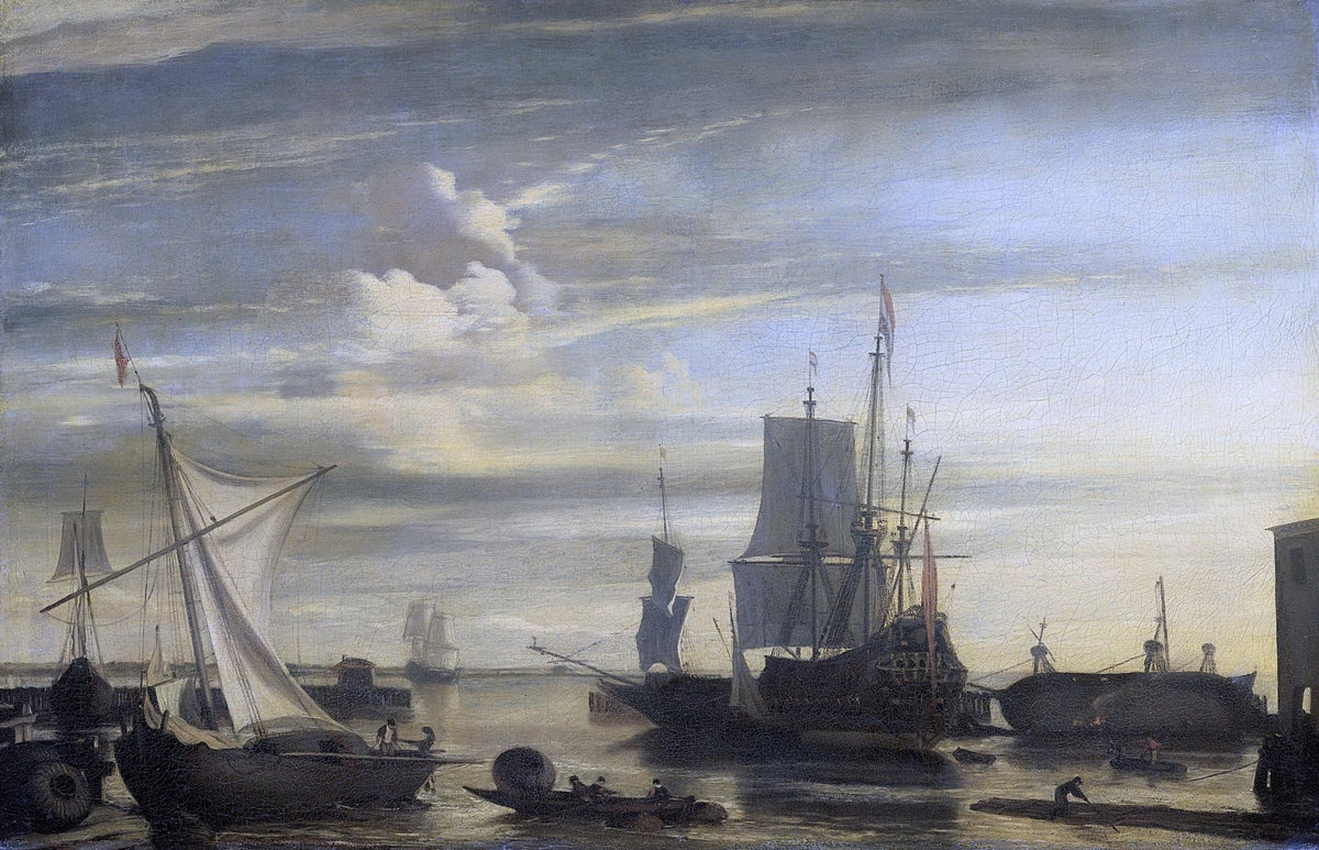 Hand-painted harbor ships at soft sunset light nautical oil painting on canvas