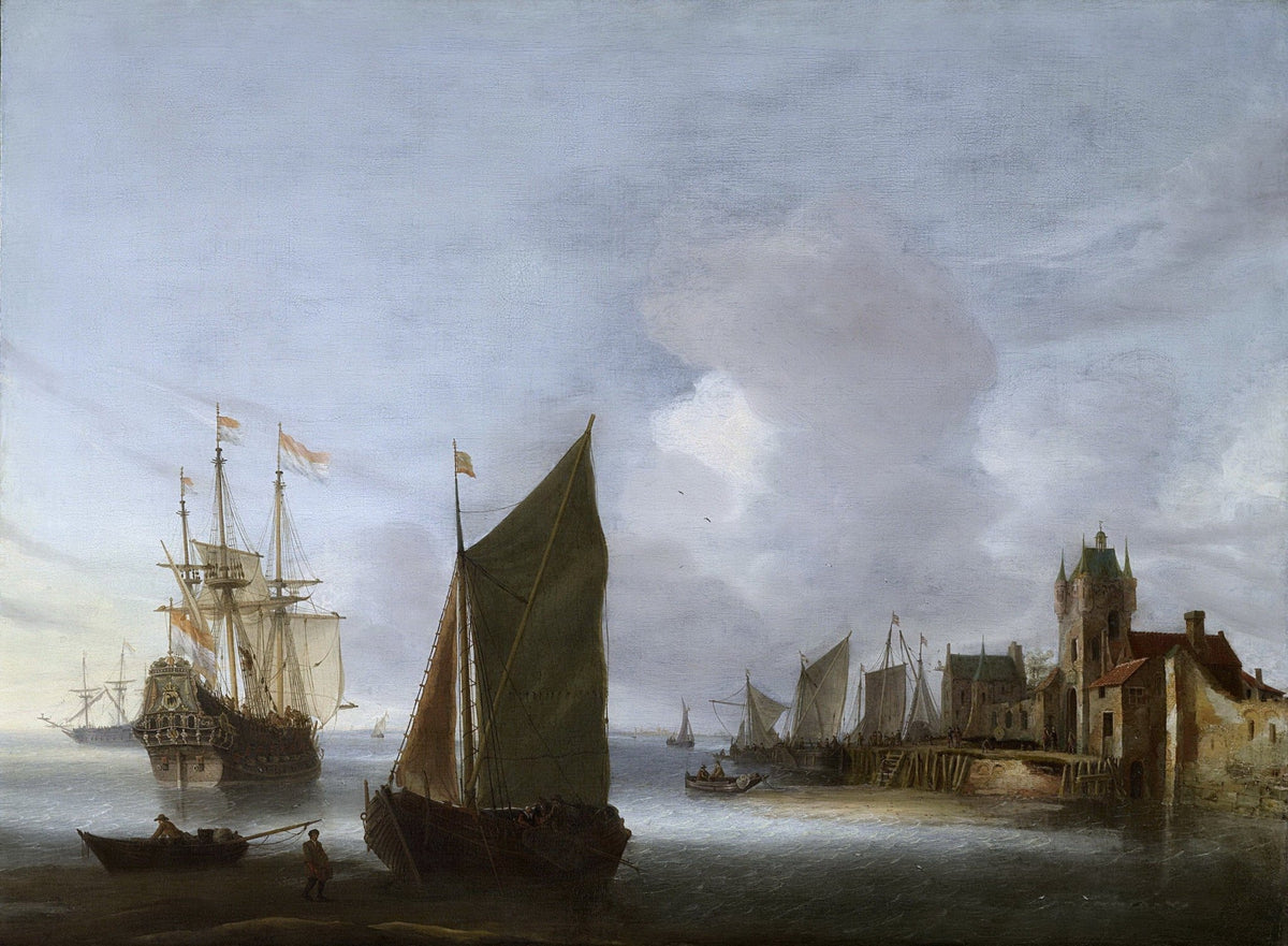 Hand-painted harbor ships by old Dutch port nautical oil painting on canvas