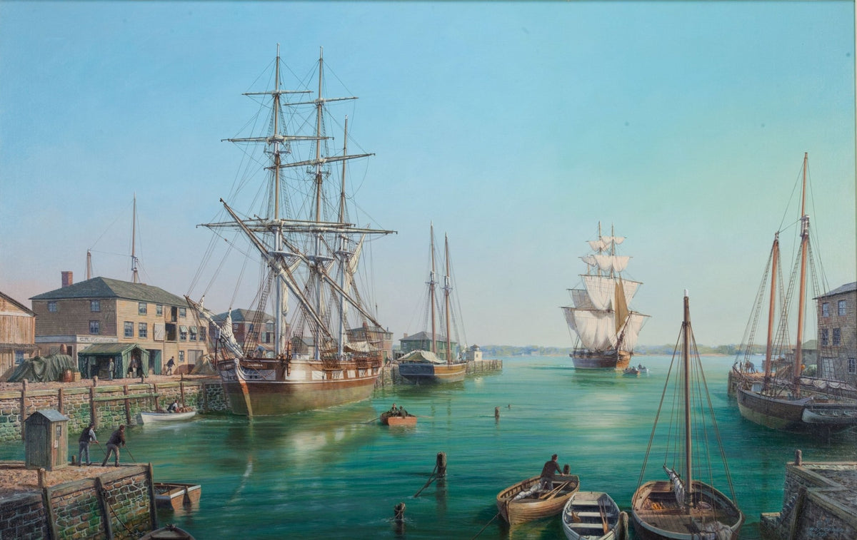 Hand-painted harbor ships in a quiet coastal port nautical oil painting on canvas