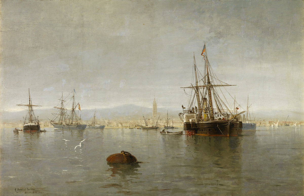 Hand-painted harbor ships on calm water canvas art nautical oil painting on canvas