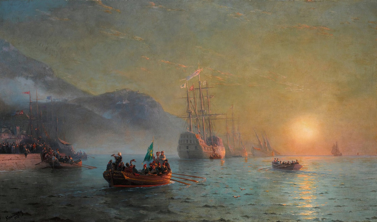 Hand-painted harbor sunset with sailing ships nautical oil painting on canvas