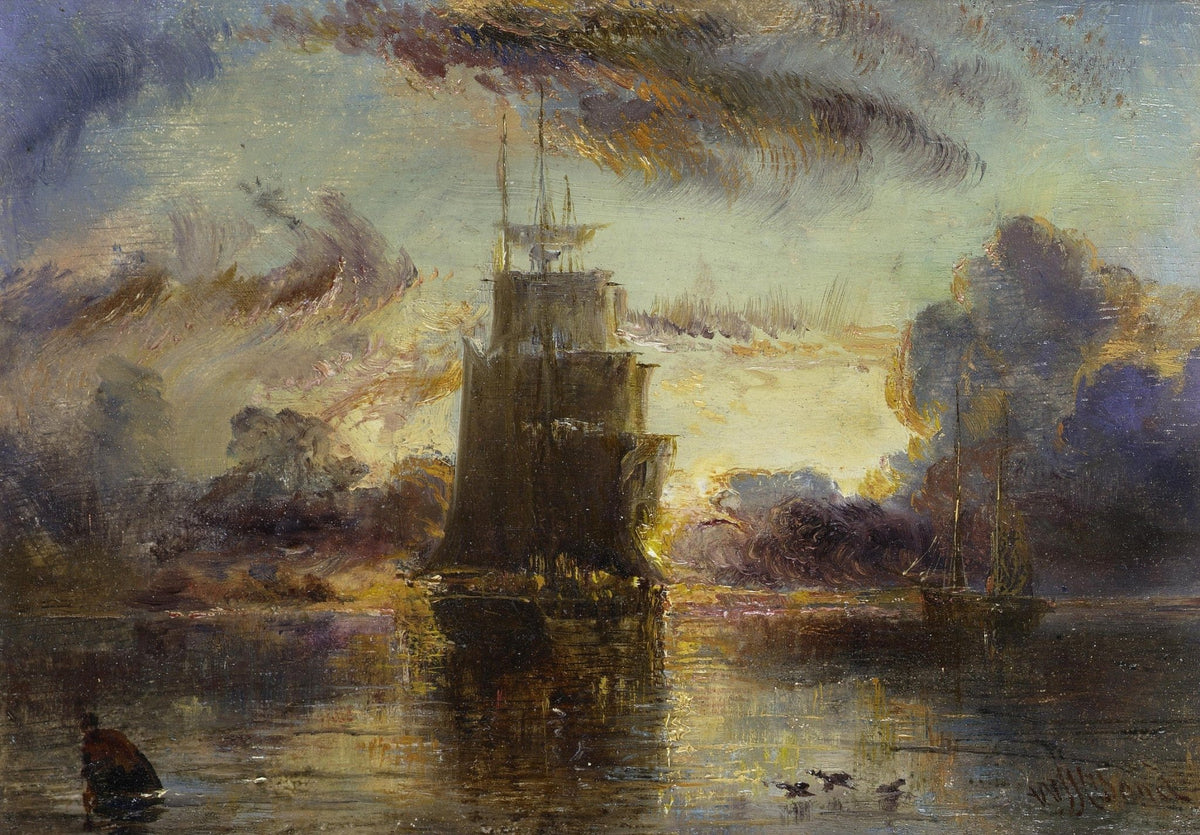 Hand-painted harbor tower and sailboat at sunset nautical oil painting on canvas