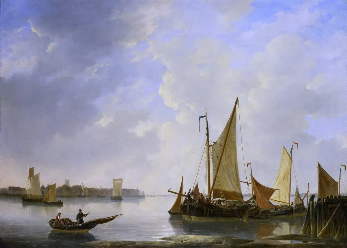 Hand-painted harbor with sailing ships and boats nautical oil painting on canvas