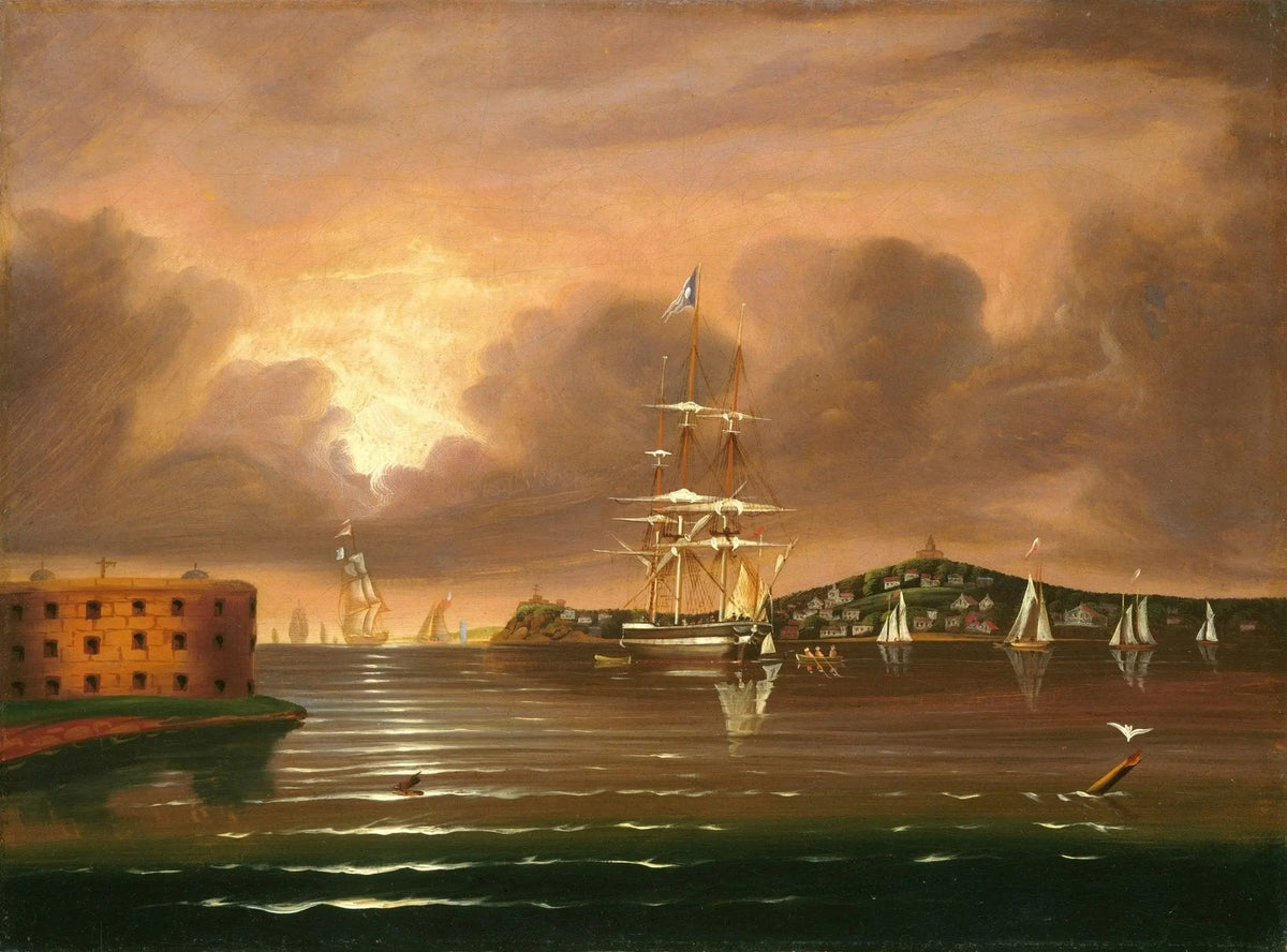 Hand-painted harbor with sailing ships at sunset nautical oil painting on canvas