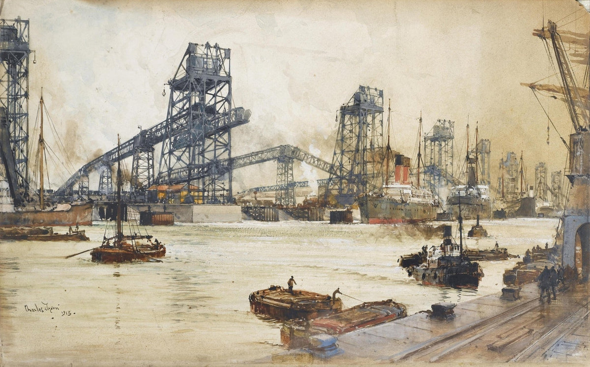 Hand-painted harbor with steamships and dock cranes nautical oil painting on canvas