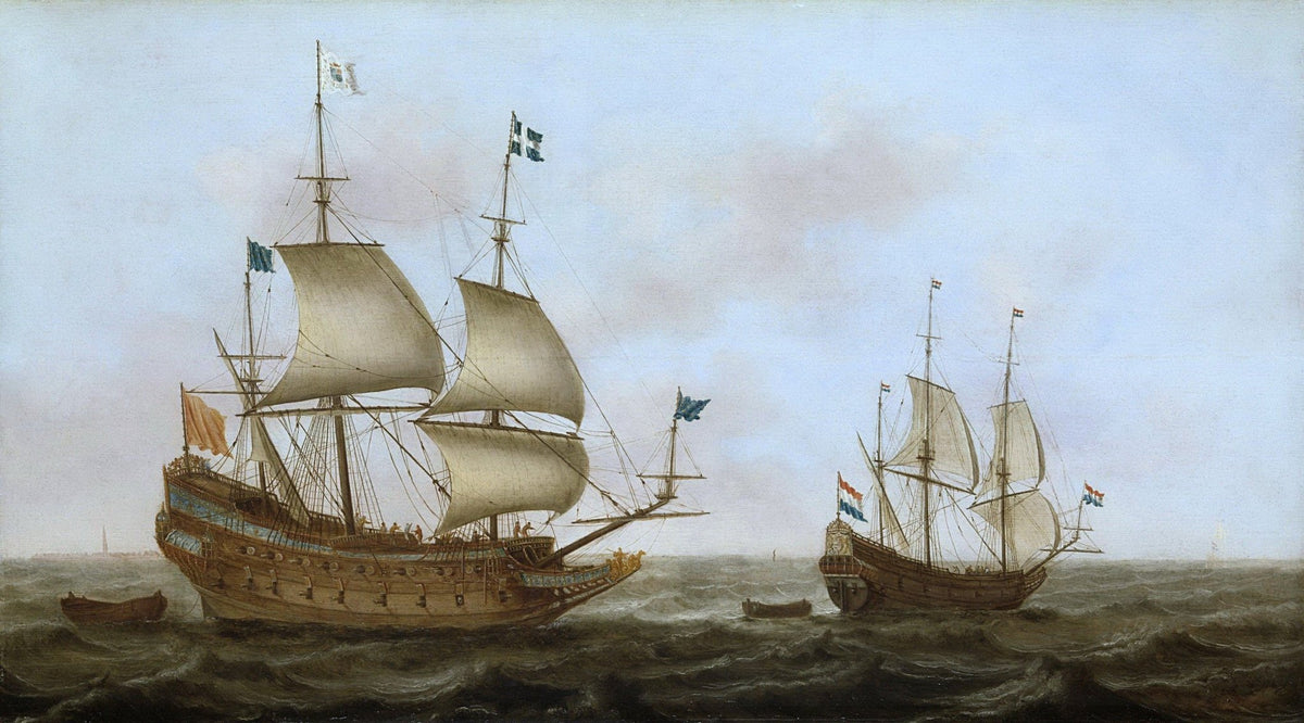 Hand-painted historic Dutch warships on open sea nautical oil painting on canvas