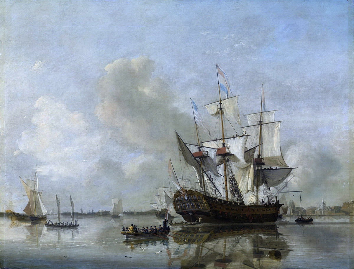 Hand-painted historic frigate on calm harbor water nautical oil painting on canvas