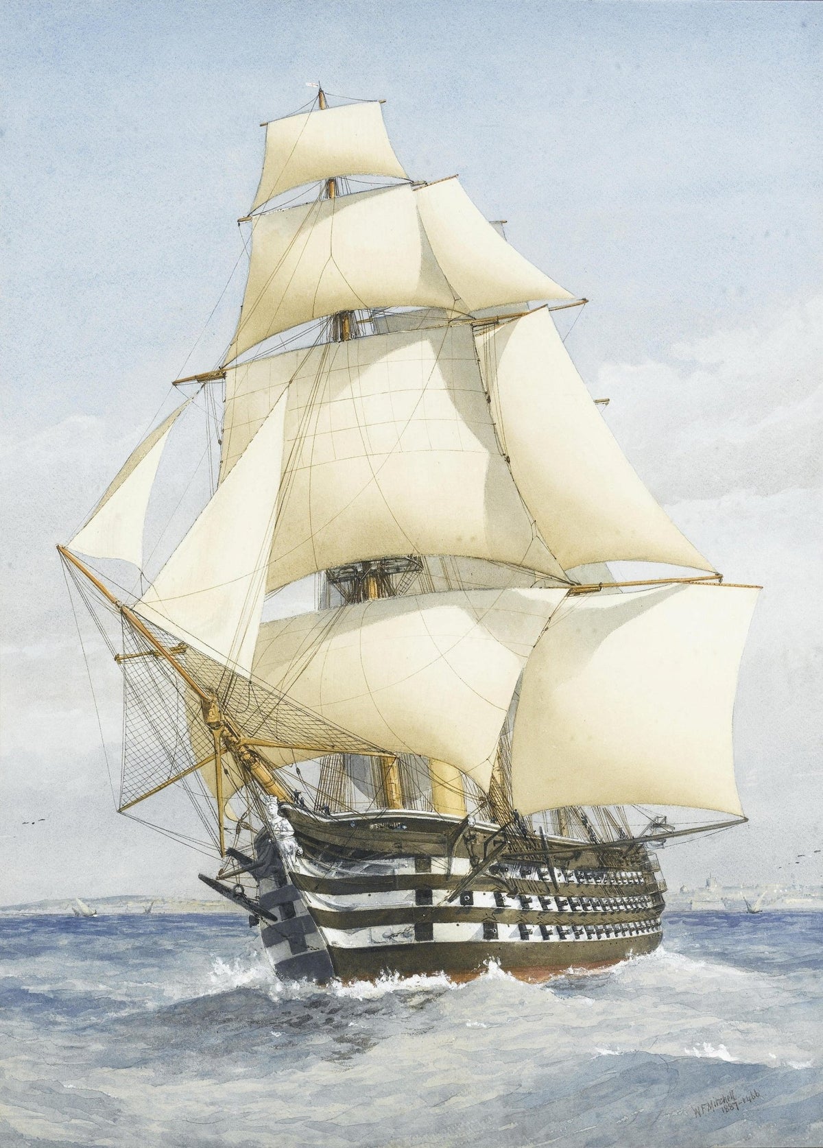 Hand-painted historic frigate with full white sails nautical oil painting on canvas