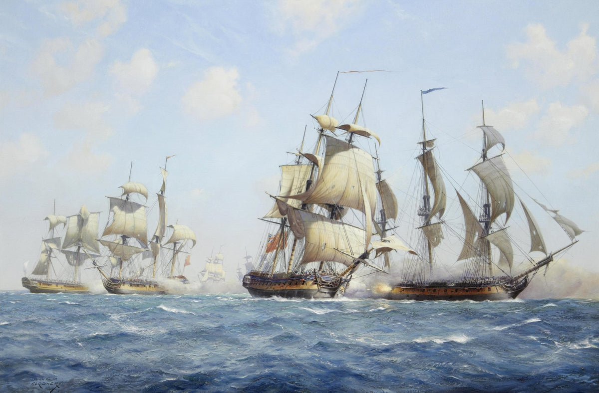Hand-painted historic frigates in blue sea battle nautical oil painting on canvas
