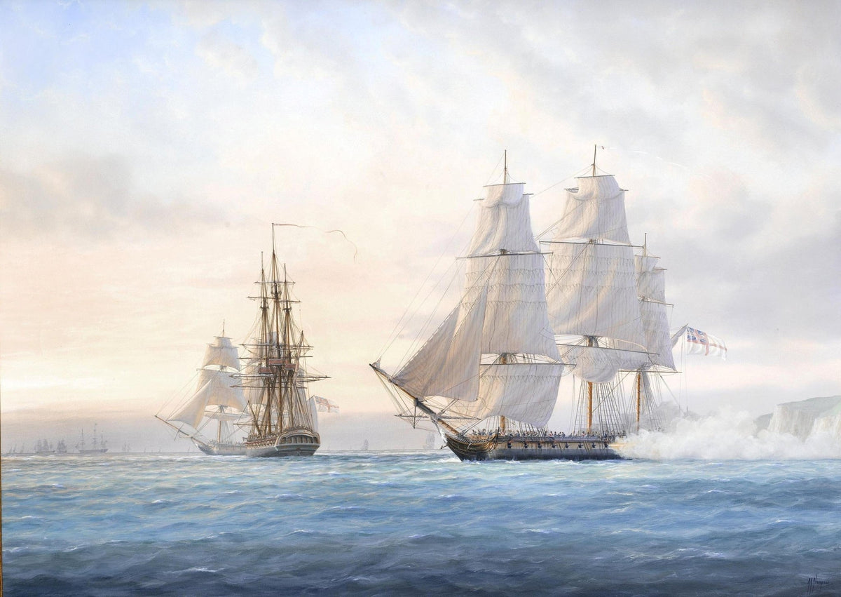 Hand-painted historic frigates on blue sea at dawn nautical oil painting on canvas