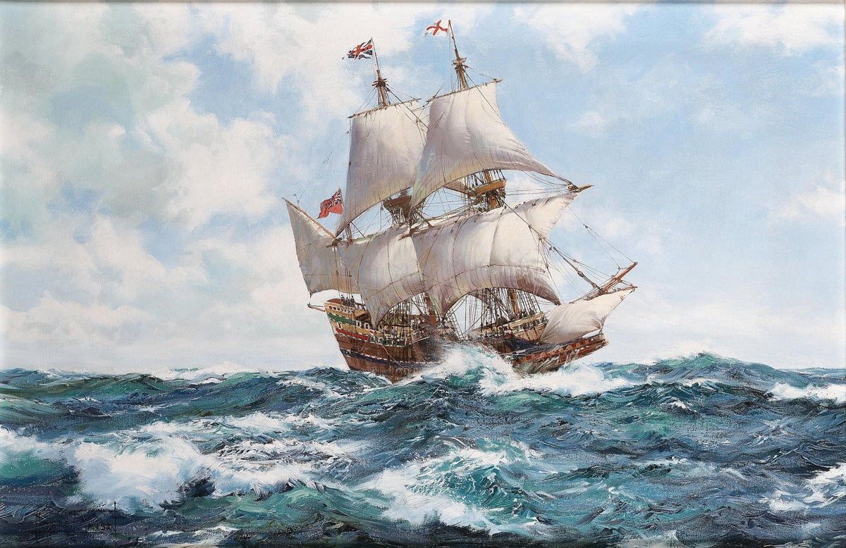 Hand-painted historic galleon on choppy blue sea nautical oil painting on canvas