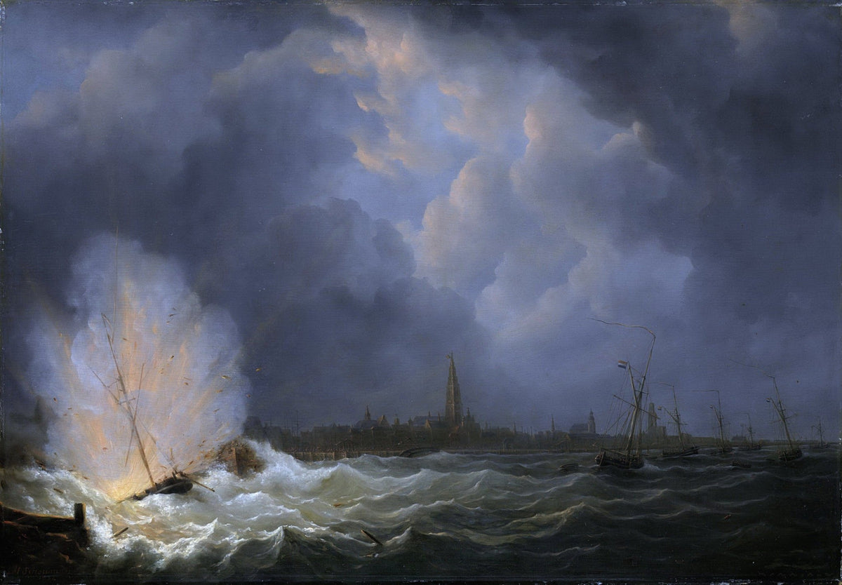 Hand-painted historic gunboat explosion off Antwerp nautical oil painting on canvas