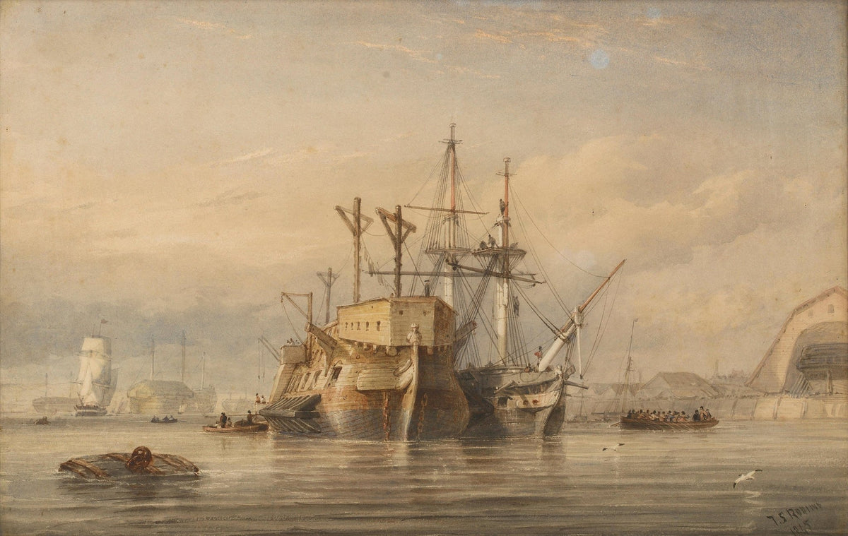 Hand-painted historic harbor ships at quiet dawn nautical oil painting on canvas