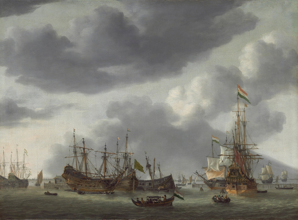 Hand-painted historic harbor ships under storm sky nautical oil painting on canvas