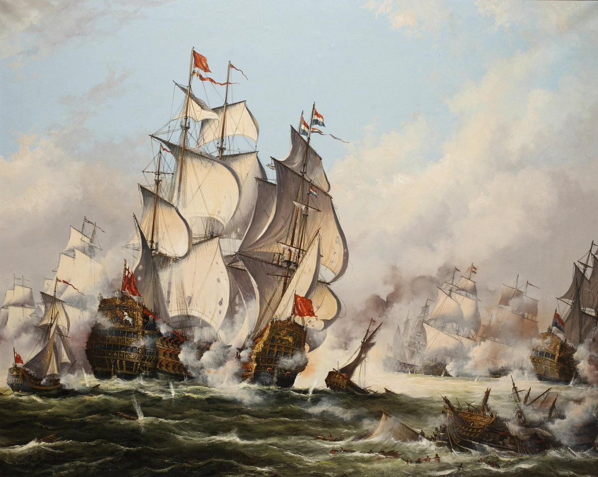Hand-painted historic naval battle on stormy sea nautical oil painting on canvas