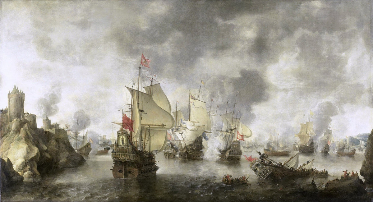 Hand-painted historic naval battle with warships nautical oil painting on canvas