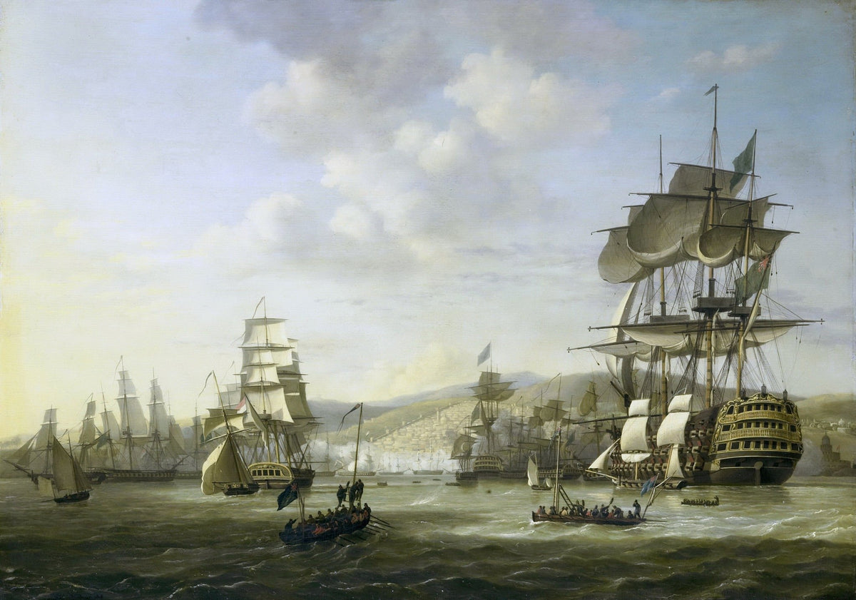 Hand-painted historic naval fleet in harbor nautical oil painting on canvas