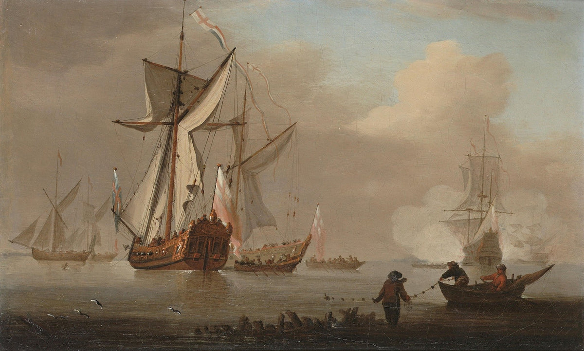 Hand-painted historic ships in misty harbor nautical oil painting on canvas