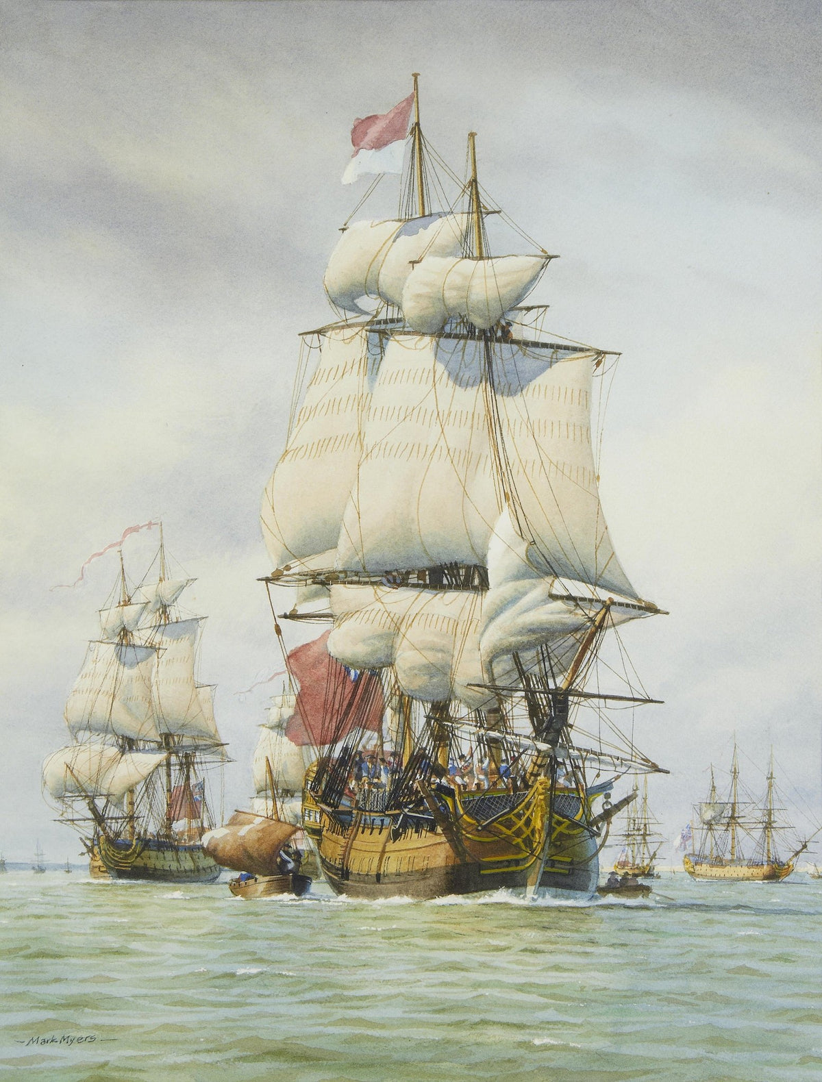 Hand-painted historic tall ships fleet on calm sea nautical oil painting on canvas