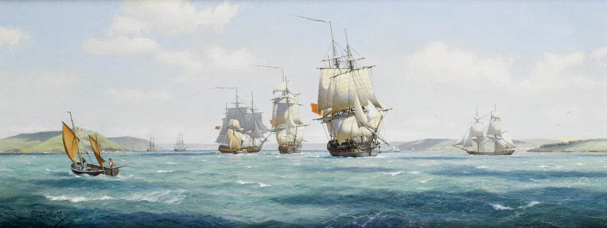 Hand-painted historic tall ships in coastal bay nautical oil painting on canvas