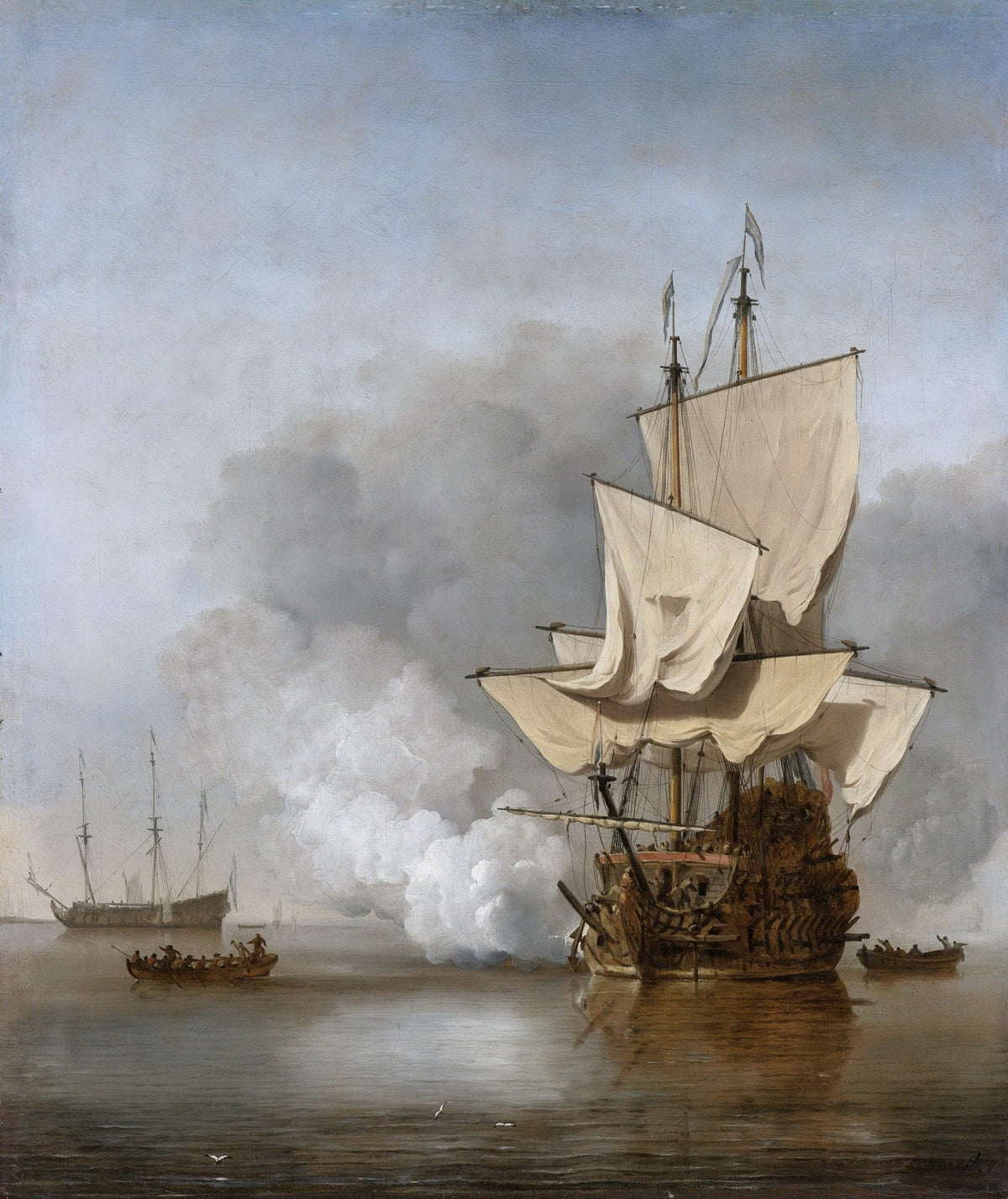 Hand-painted historic warship firing on calm sea nautical oil painting on canvas