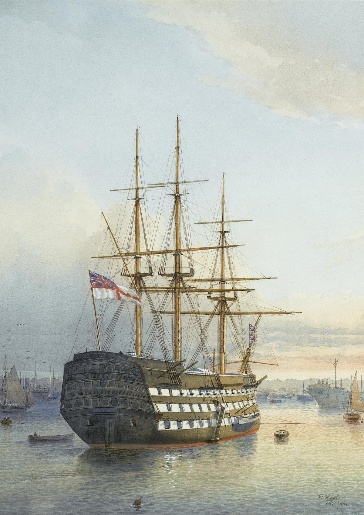 Hand-painted historic warship in calm harbor light nautical oil painting on canvas