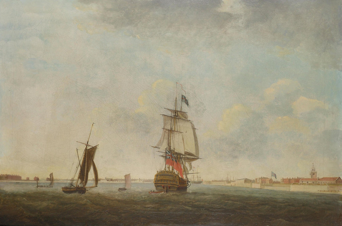 Hand-painted historic warship in harbor with sails nautical oil painting on canvas