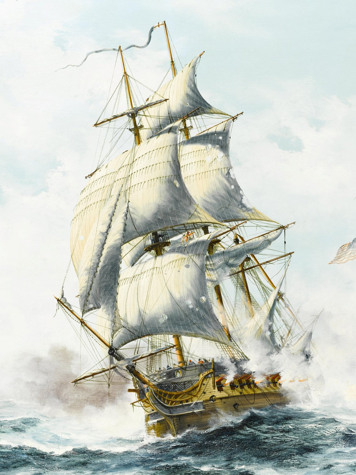 Hand-painted historic warship with white sails nautical oil painting on canvas