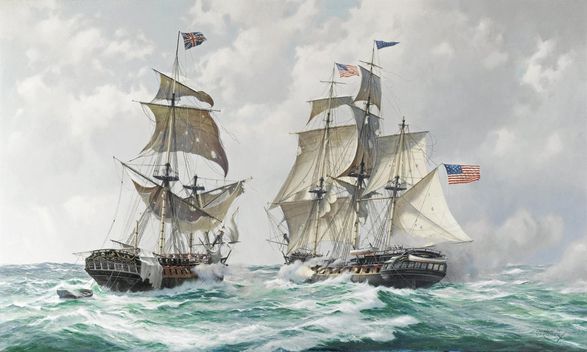 Hand-painted historic warships in choppy green sea nautical oil painting on canvas