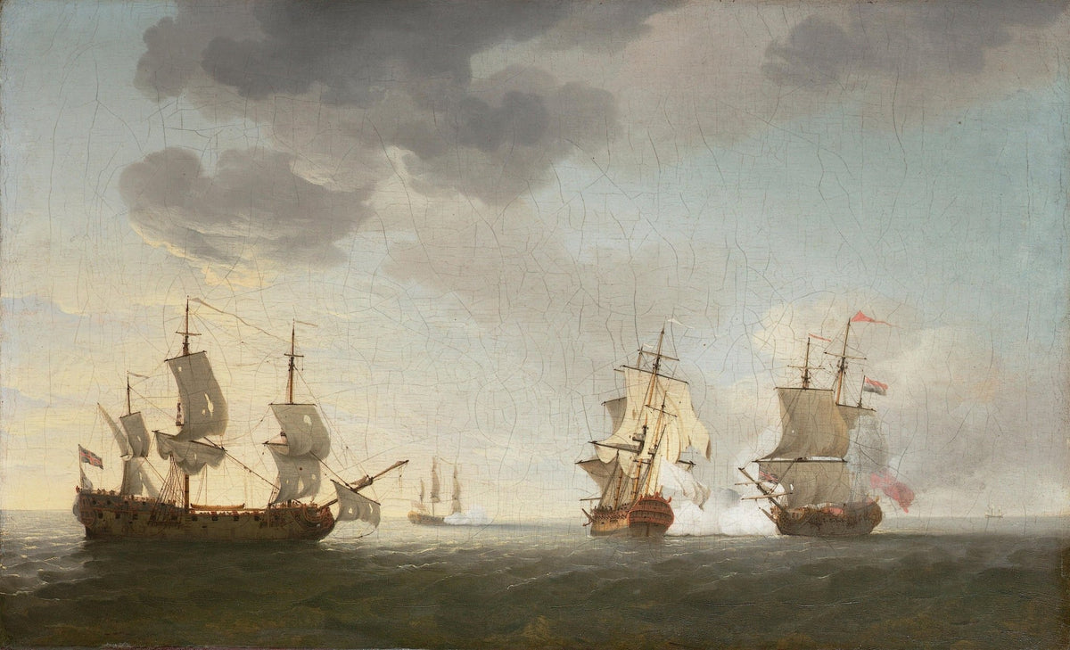 Hand-painted historic warships in sea battle at dusk nautical oil painting on canvas