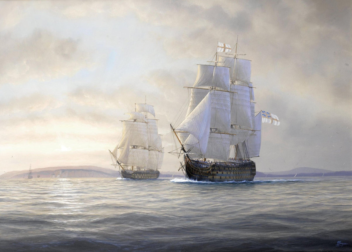 Hand-painted historic warships on calm sea at dawn nautical oil painting on canvas