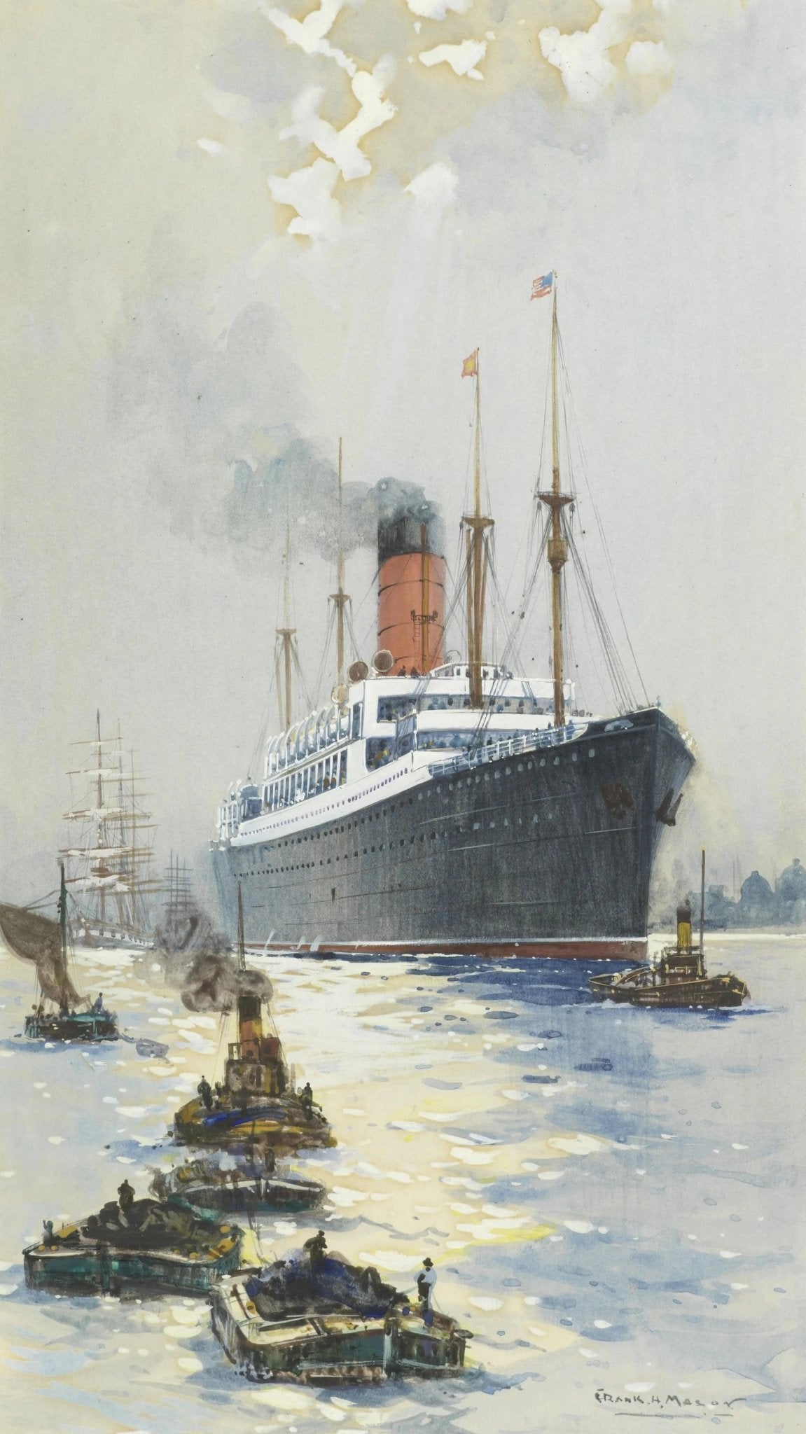 Hand-painted large steamship in harbor nautical oil painting on canvas
