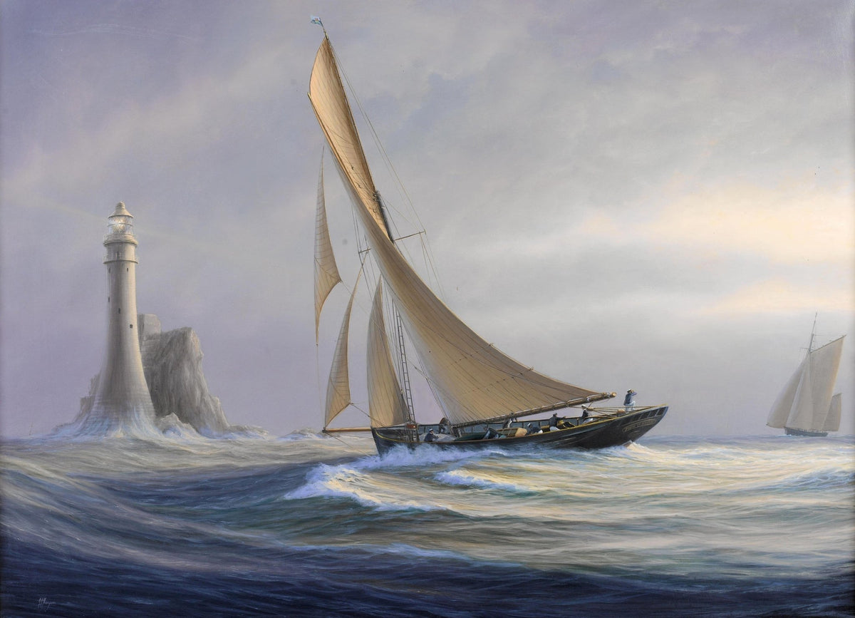 Hand-painted lighthouse and yacht on open sea nautical oil painting on canvas