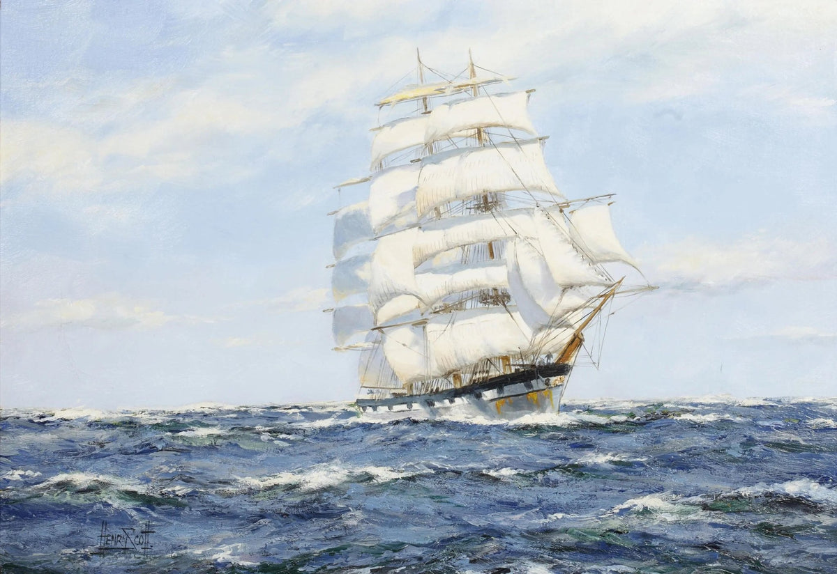 Hand-painted majestic tall ship in stormy seas nautical oil painting on canvas