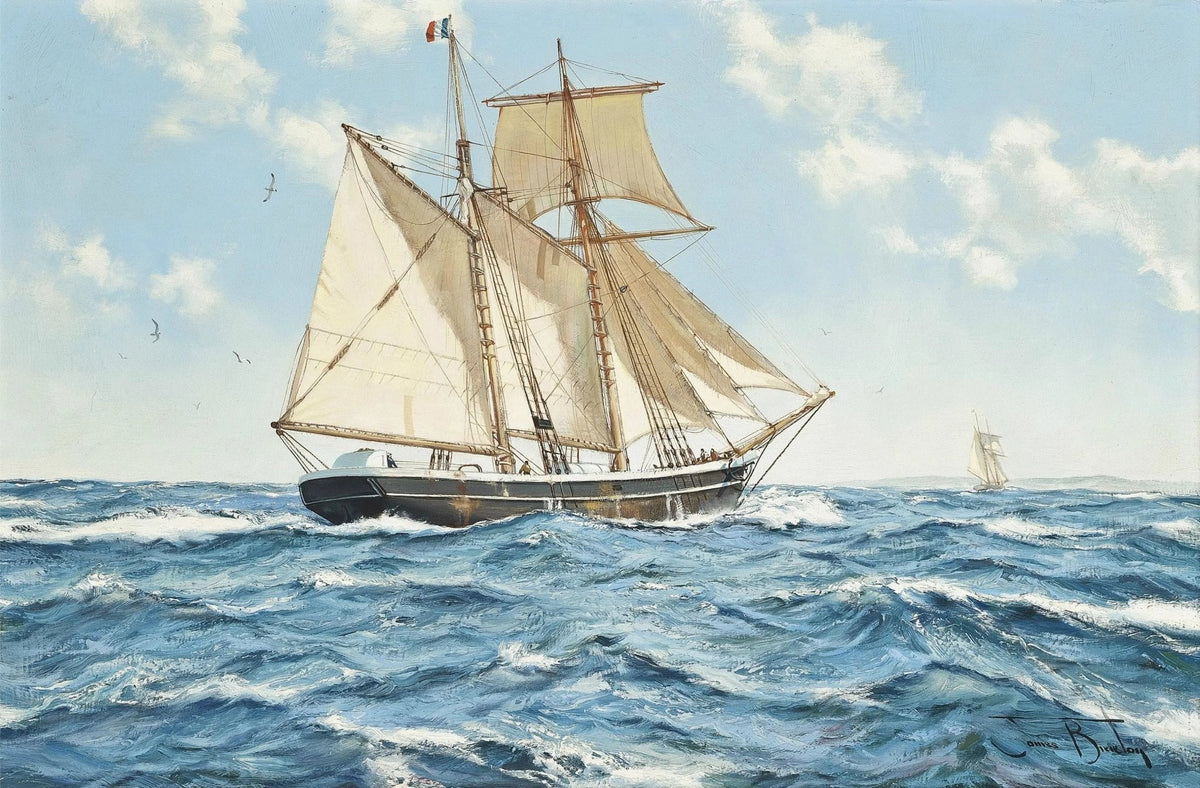 Hand-painted majestic tall ship on open ocean nautical oil painting on canvas