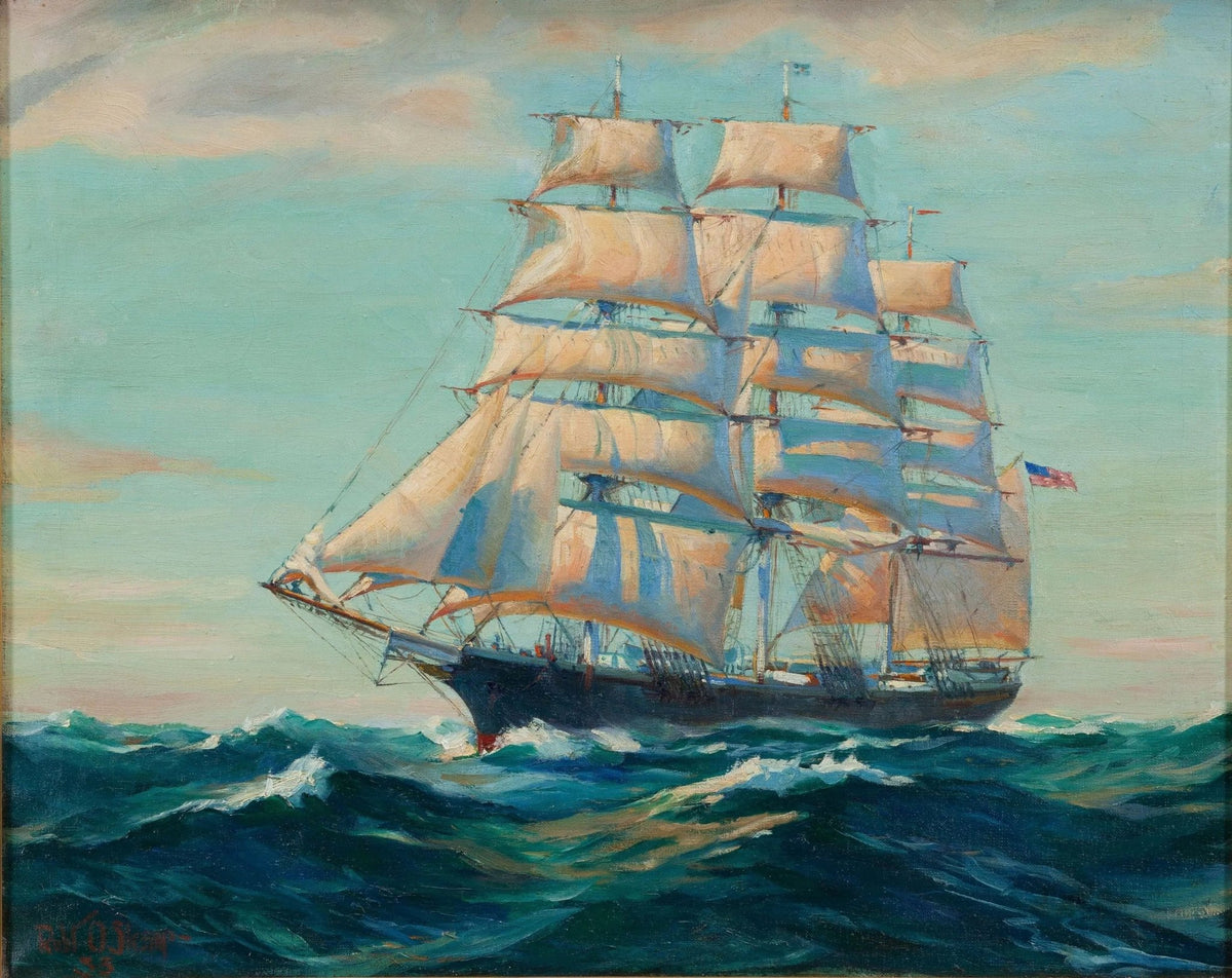 Hand-painted majestic tall ship sailing on open sea nautical oil painting on canvas